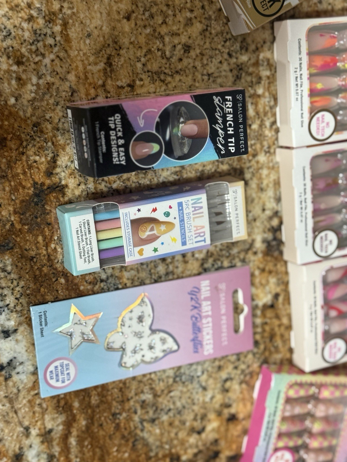 Salon Perfect Pre-Designed Press-On Nails Lot, Multicolor Metallic, Glue