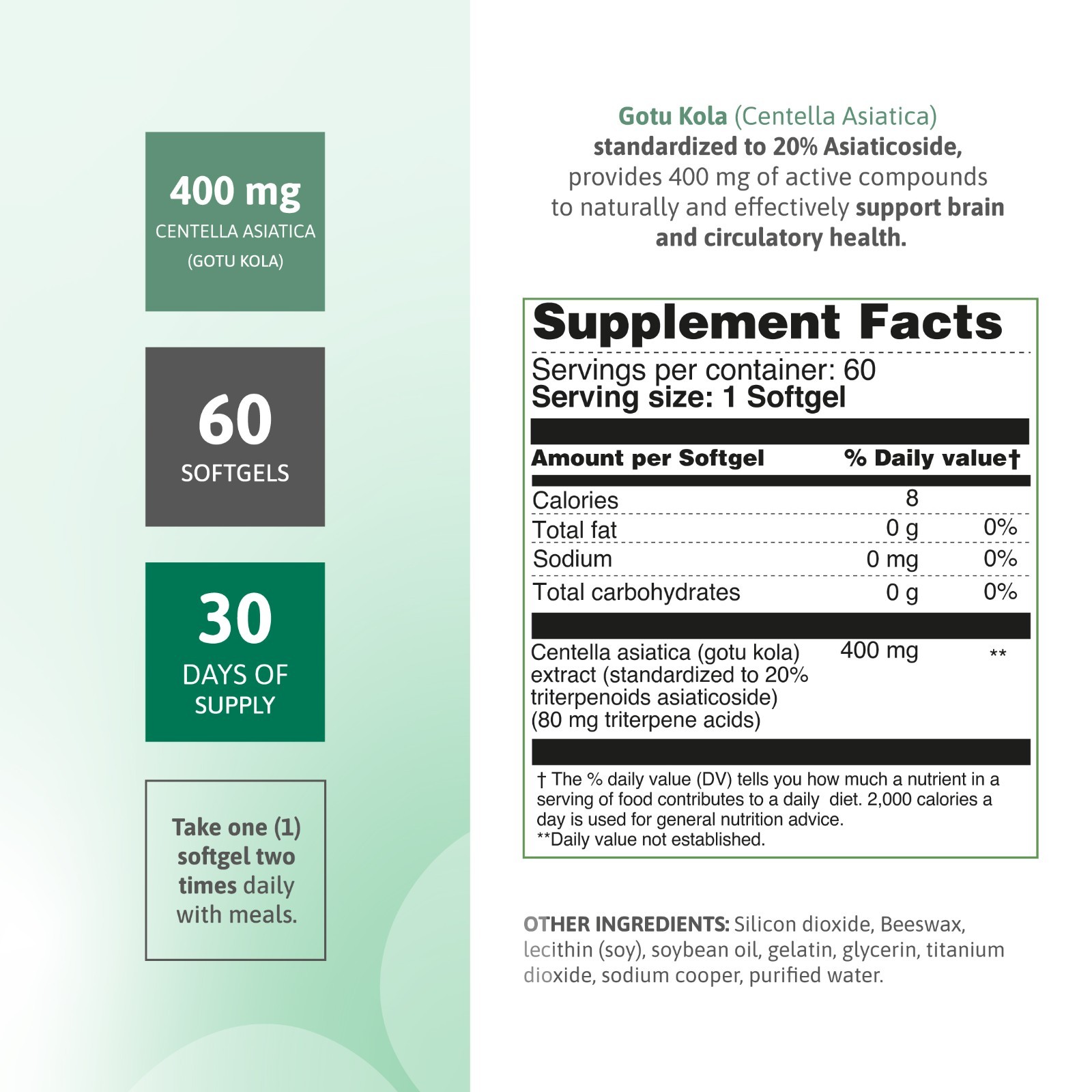 Gotu Kola 400 mg Centella Asiatica Circulation Support 60 Count