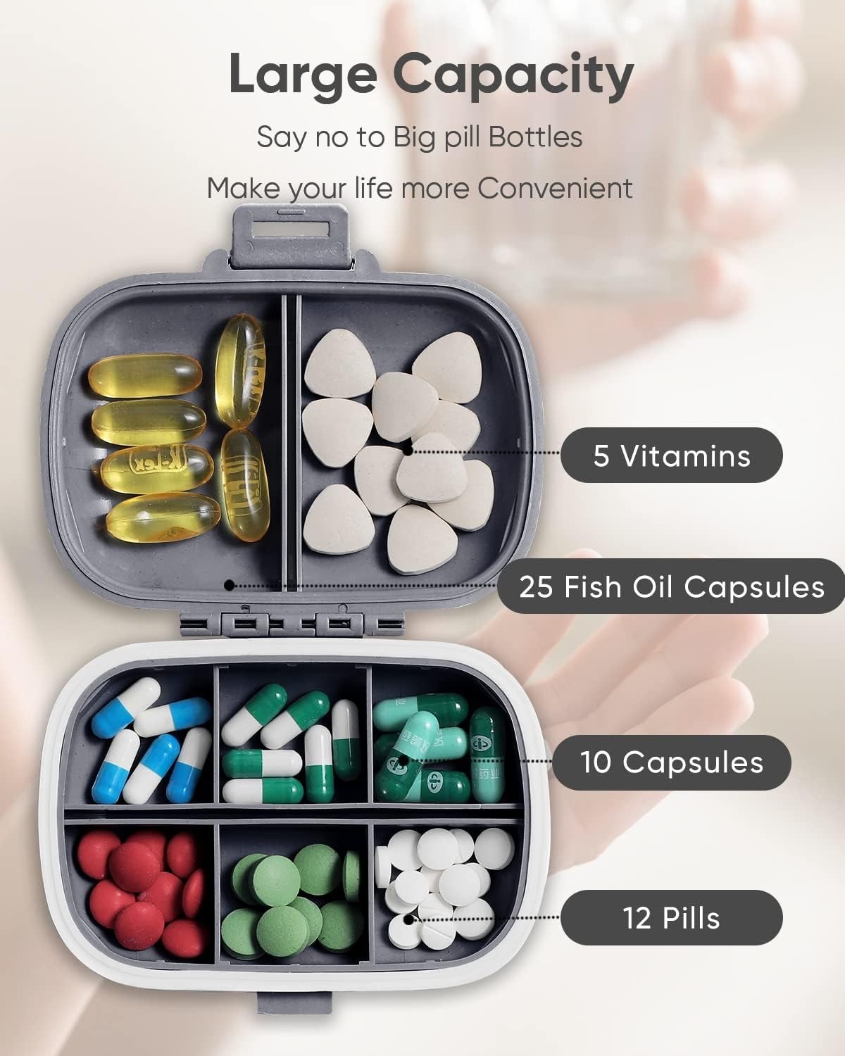 Compact 8-Compartment Pill Case with Double Lock – Secure Travel Medicine Box