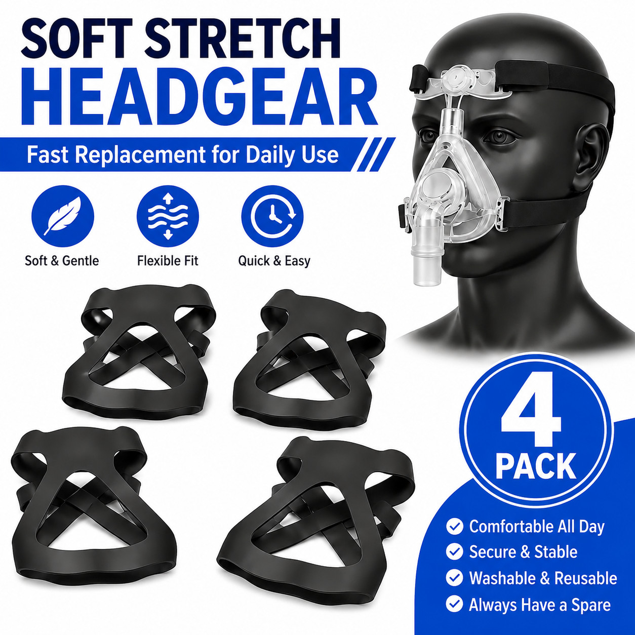 4 Pack CPAP Mask Headgear Replacement Strap Soft Elastic Universal Fit Kit