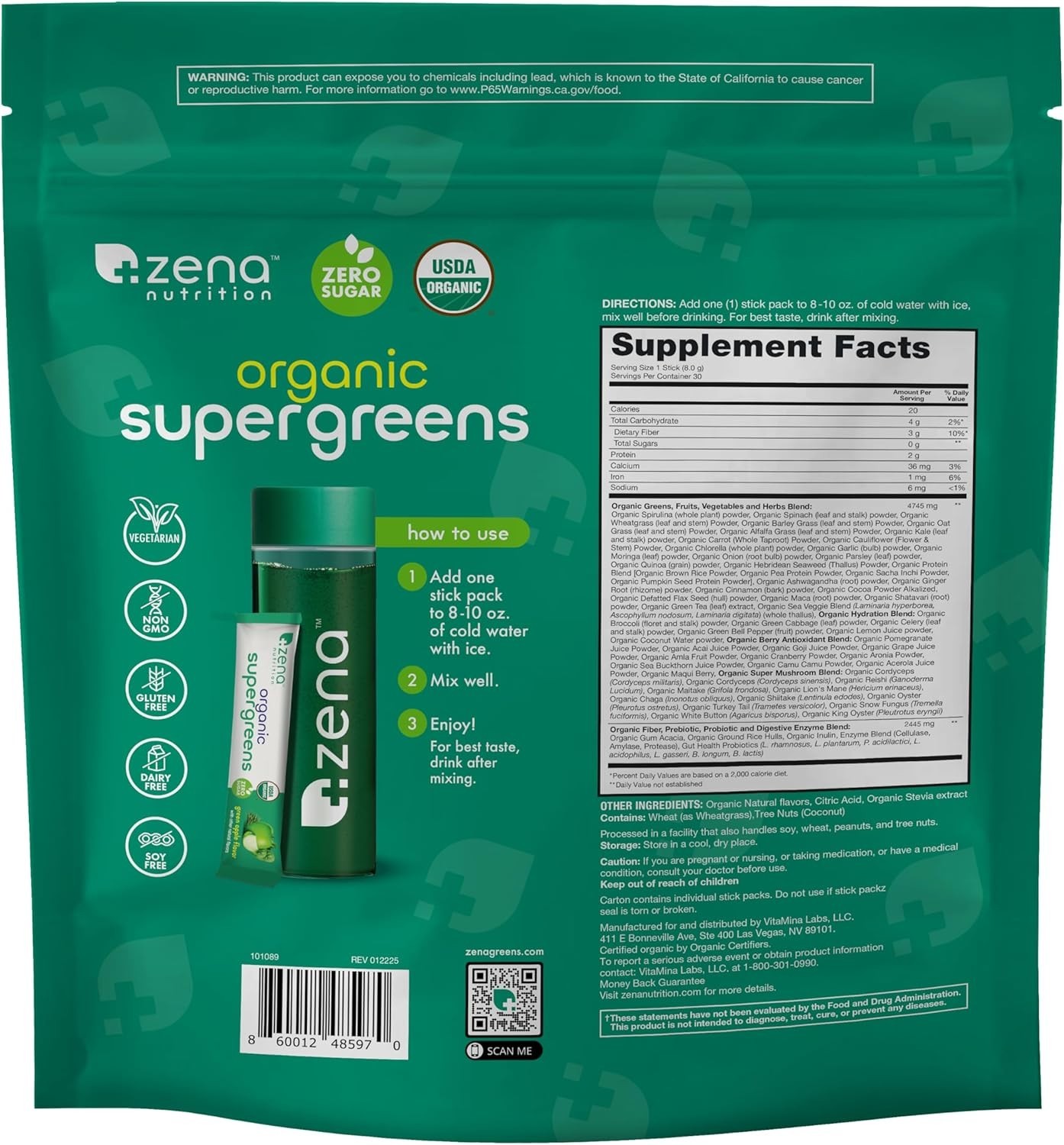 Organic Super Greens Powder with 70+ Superfoods & 0 Sugar – Green Apple, 30 Pack