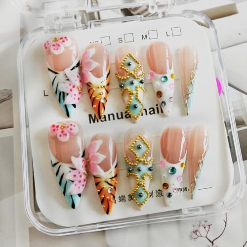 10 Pcs Handmade Acrylic Press on Nails Long Stiletto Fake Nails with M Long02