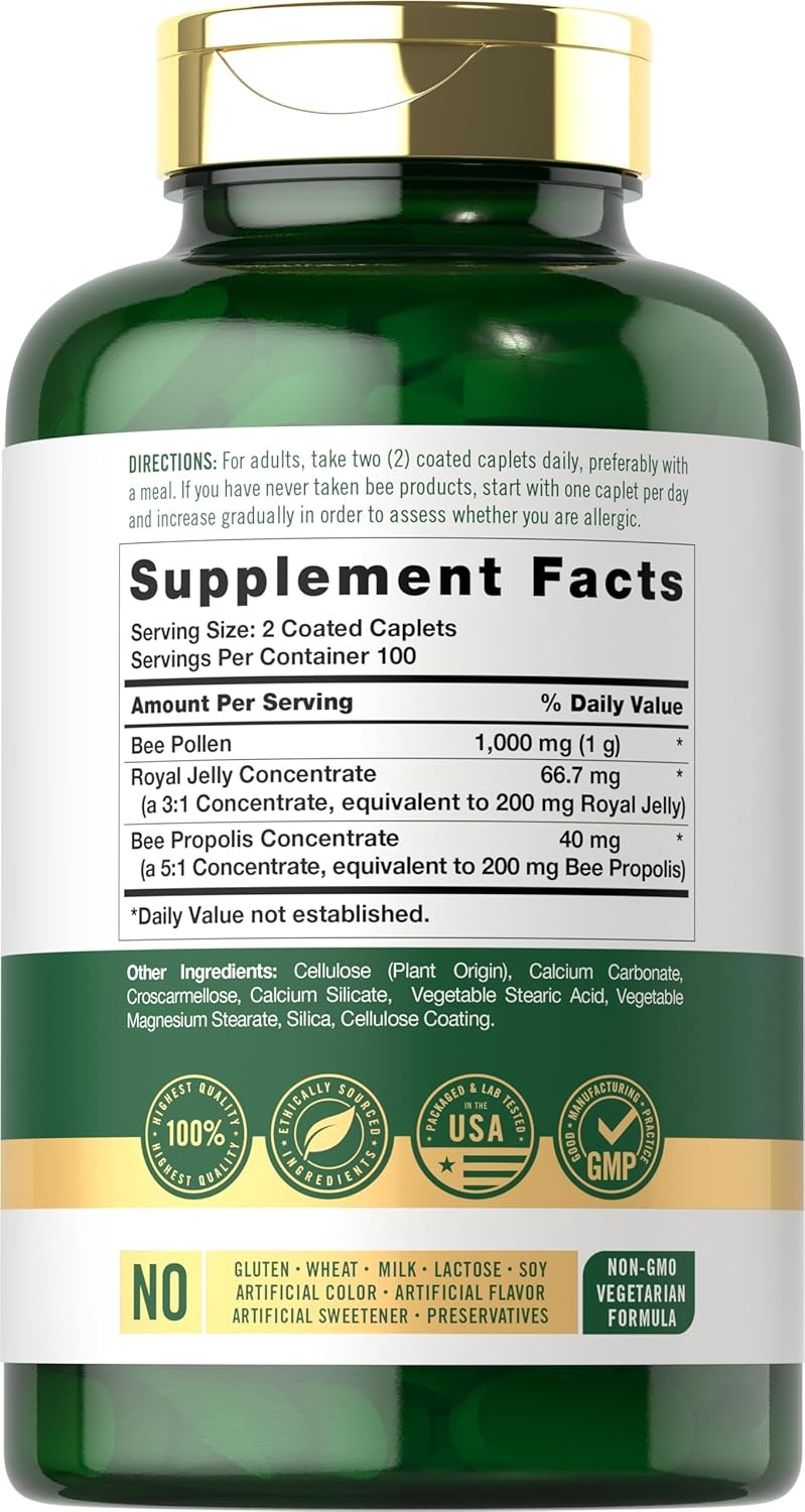 Bee Pollen 1000mg | 200 Caplets | With Royal Jelly and Bee Propolis | by Carlyle