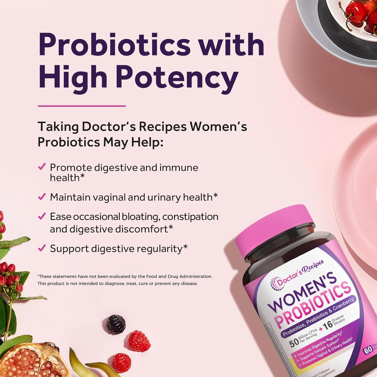 Doctor’S Recipes Women’S Probiotic, 60 Caps 50 Billion CFU 16 Strains, with Orga