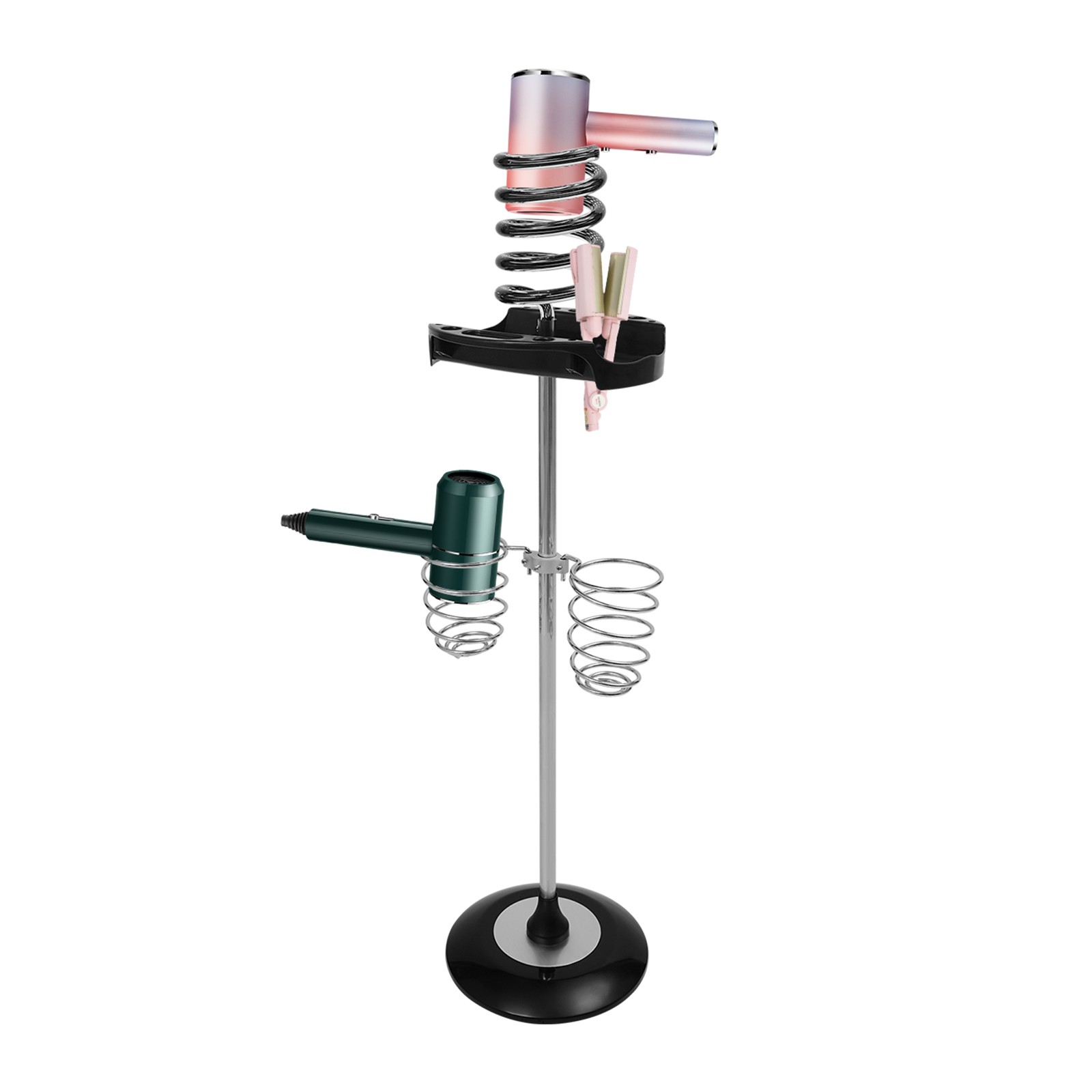 Hair Dryer Stand with Tray & Spiral Holders Freestanding Holder Hands-Free Black