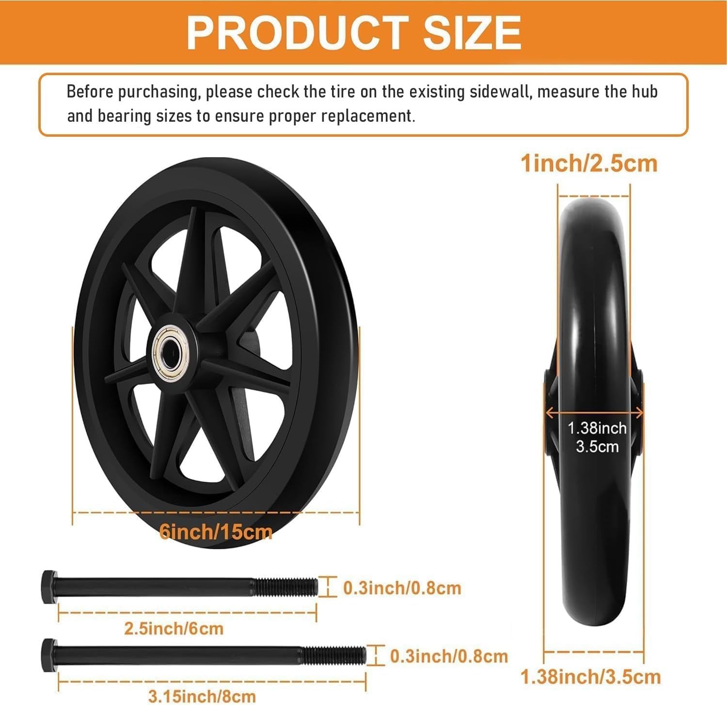 Durable 6 Inch Mobility Wheels, Anti-Slip PU Tires for Indoor and Outdoor Use