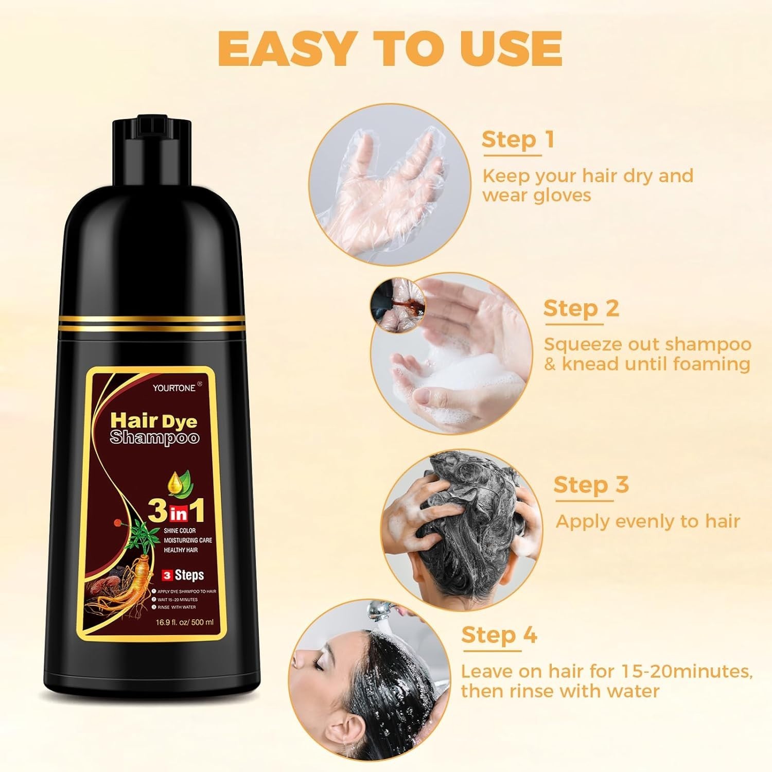 Black Hair Dye Shampoo 3 in 1 for Women/Men for Gray Coverage Instant Hair Color