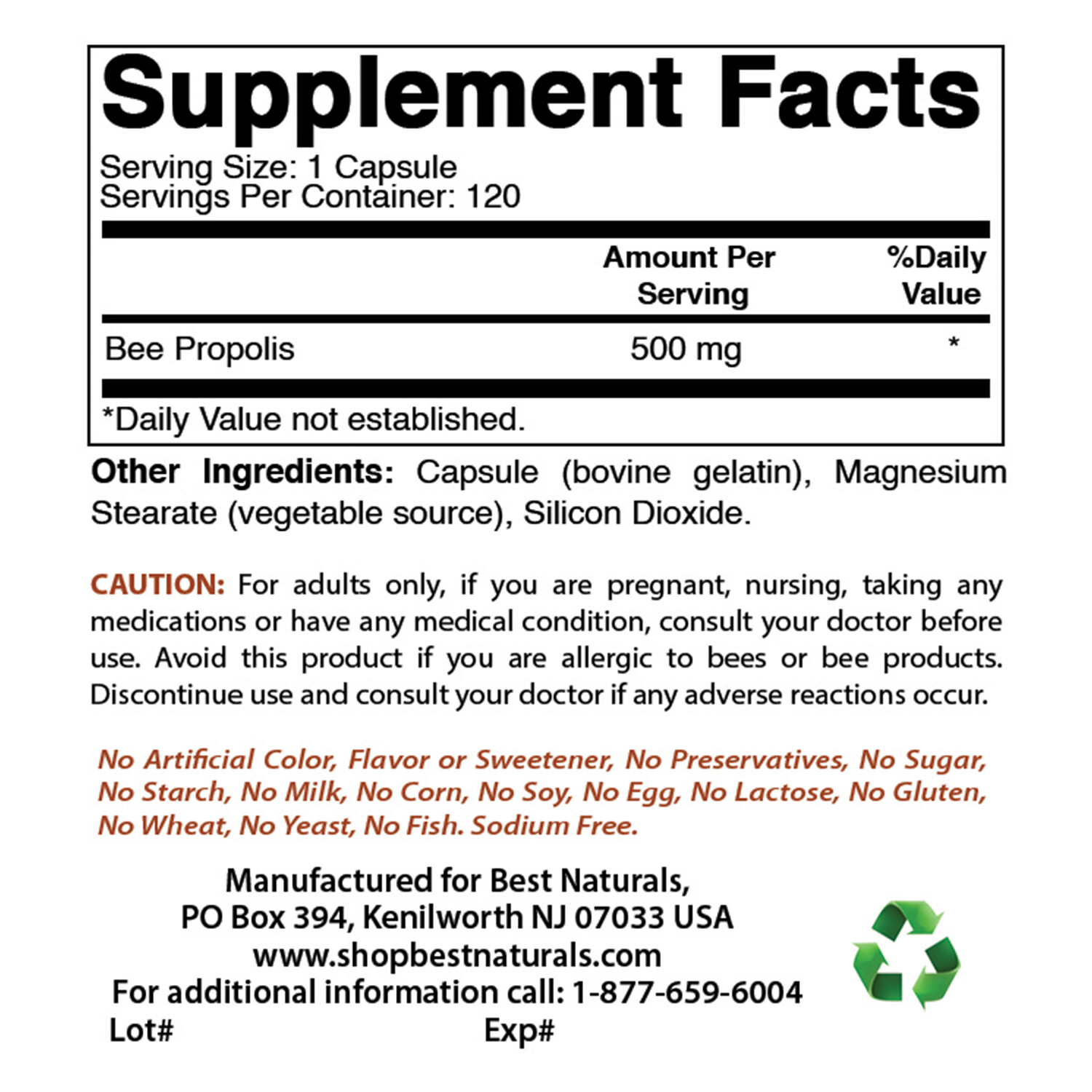 3 Pack Best Naturals Bee Propolis 500 mg 120 Capsules