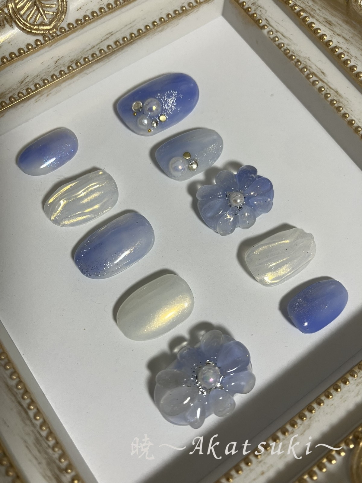 Blue Floral Press On Nails 3D Flower Pearl Summer Handmade Japanese Style M