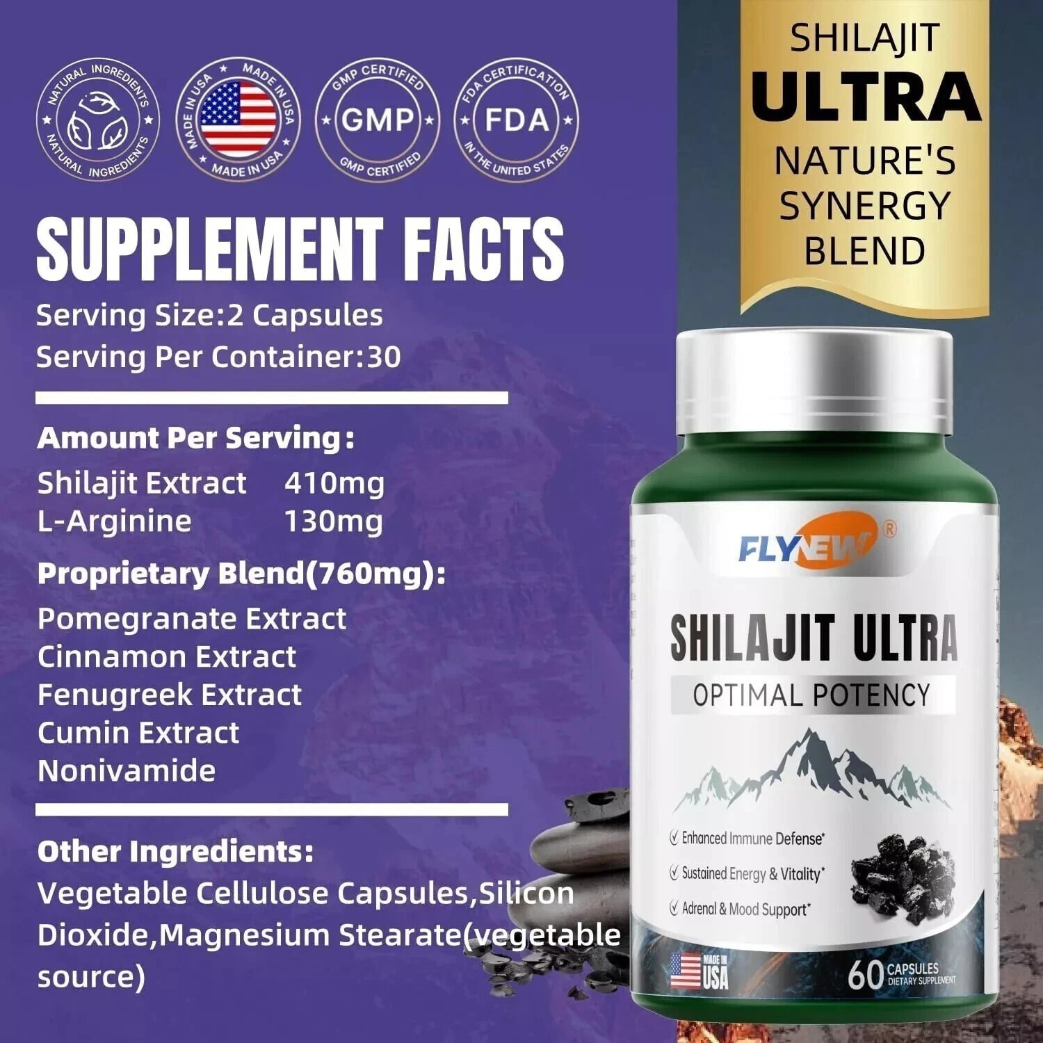 Flynew Shilajit Ultra Optimal Potency, Energy& Vitality, Shilajit L-arginine NEW