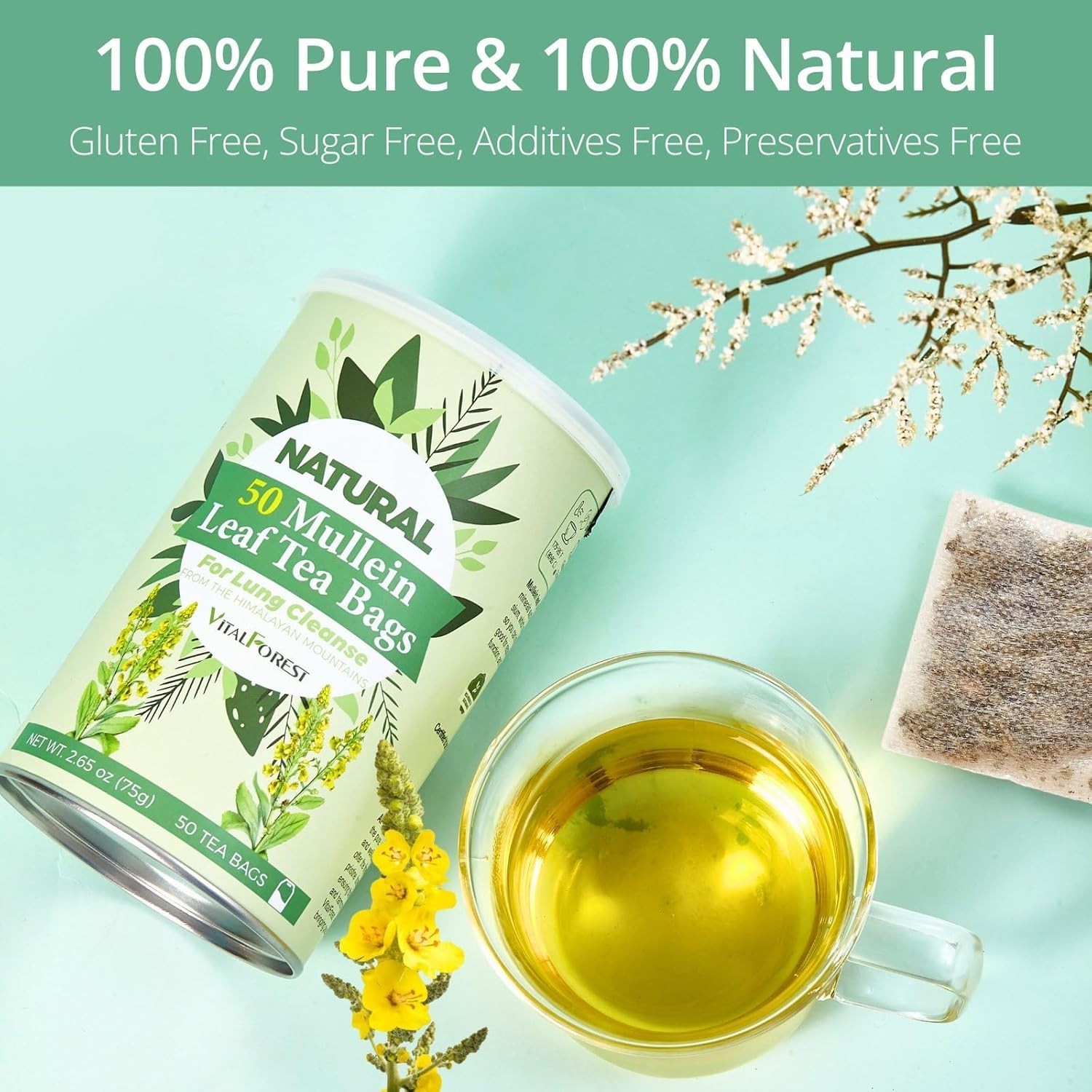50 Mullein Tea Bags for Lungs, VitalForest 100% Pure Mullein Leave Tea, Lung Det