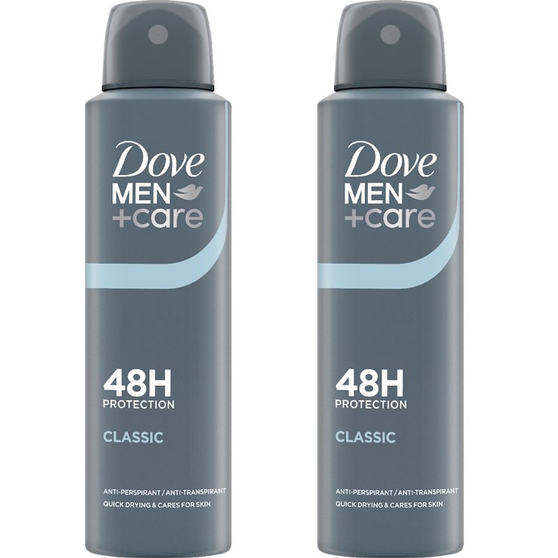 2x Dove Men Care Classic 48HR Antiperspirant Deodorant Spray 150 ml, 5.07 oz.