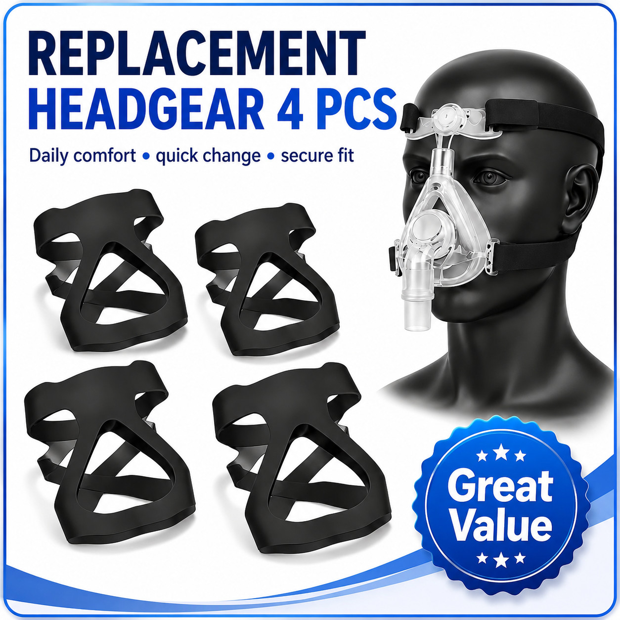 4 Pack CPAP Mask Headgear Replacement Strap Soft Elastic Universal Fit Kit