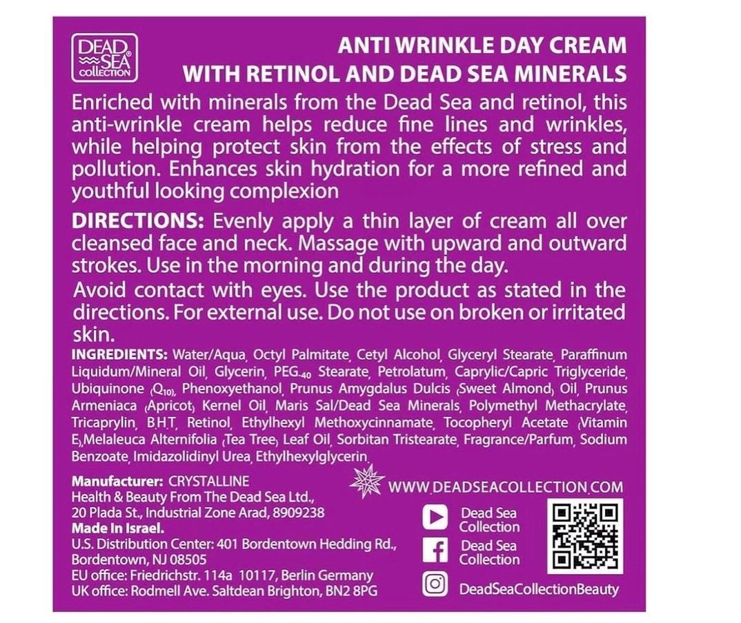 Dead Sea Collection 1.69 Oz Anti Wrinkle Retinol Moisture Refresh Day Cream