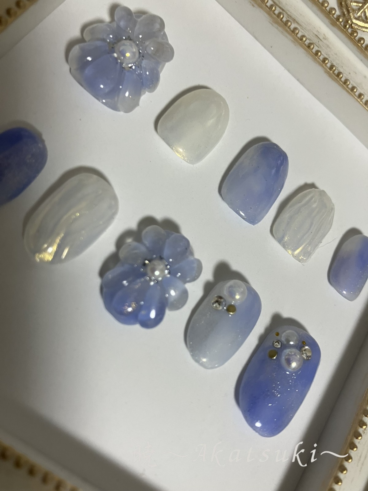 Blue Floral Press On Nails 3D Flower Pearl Summer Handmade Japanese Style M