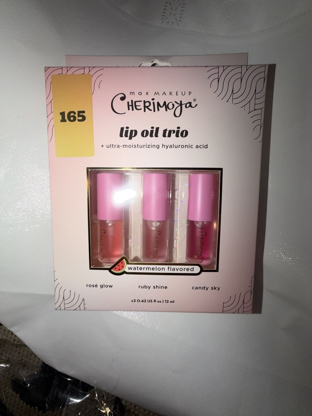 Max Makeup Cherimoya Lip Oil Trio – Watermelon Flavored (Rosé Glow, Ruby Shine,