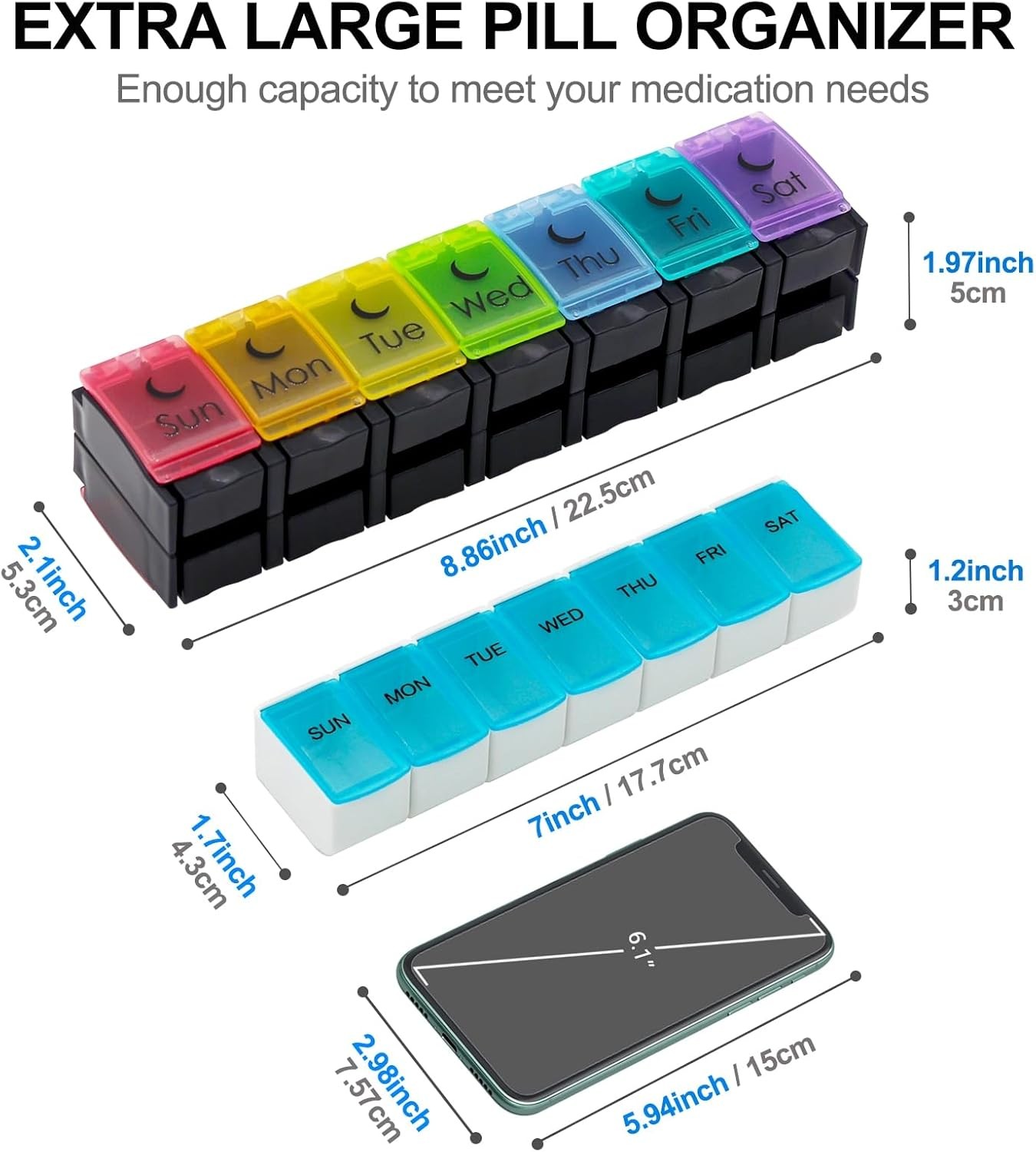 XL AM PM Weekly Pill Organizer 7 Day 2 Times Arthritis Easy Open Large Box