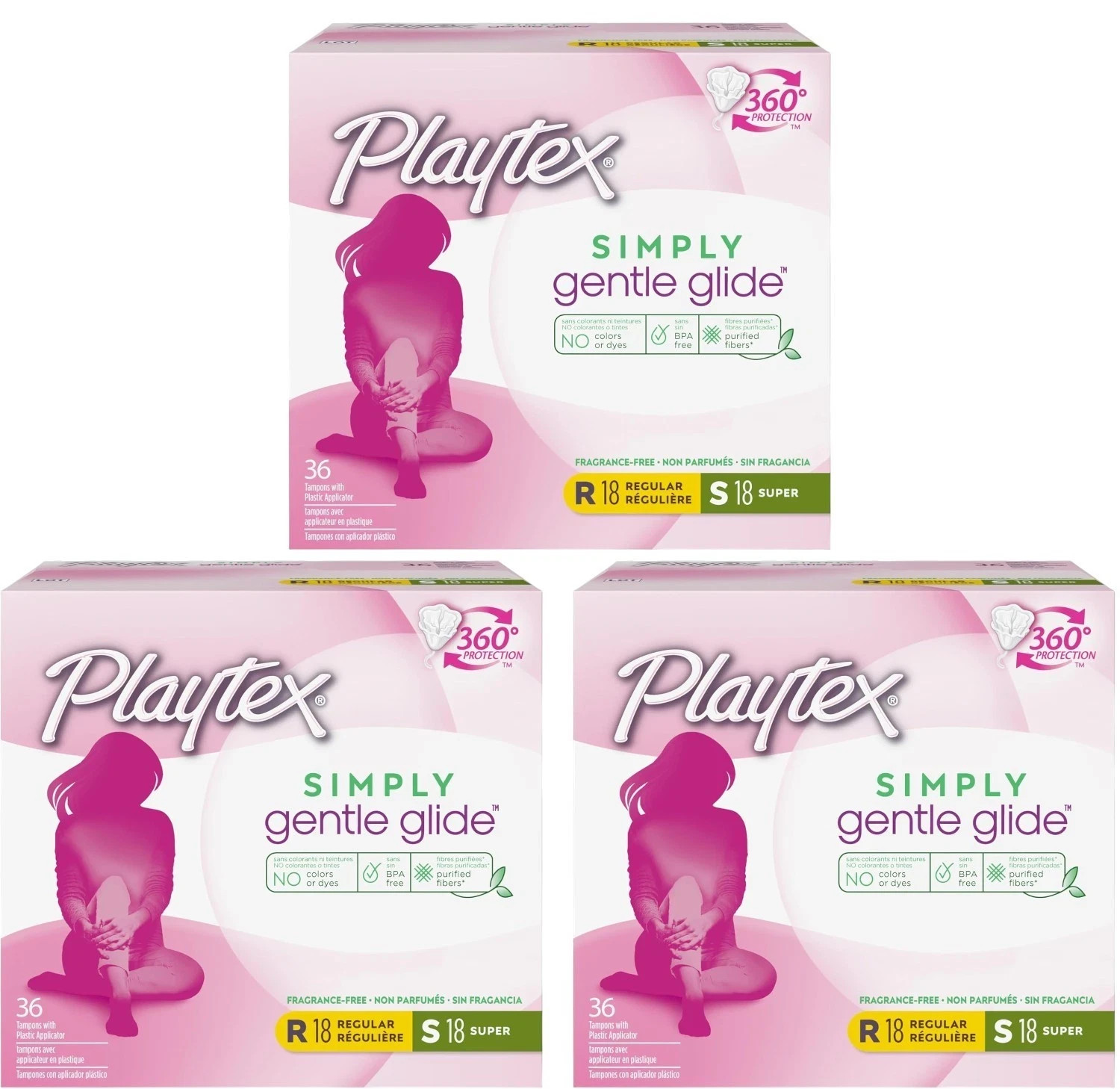 3x Playtex 360 Simply Gentle Glide 108ct. 18 Super & 18 Regular Each Box