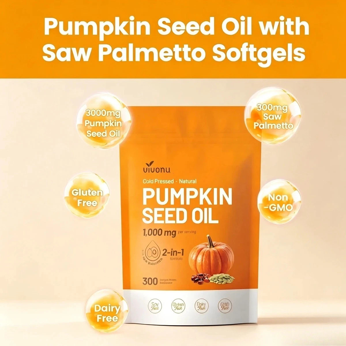 VivoNu NutriFlow Pumpkin Seed & Saw Palmetto, 300 Cold Pressed Softgels