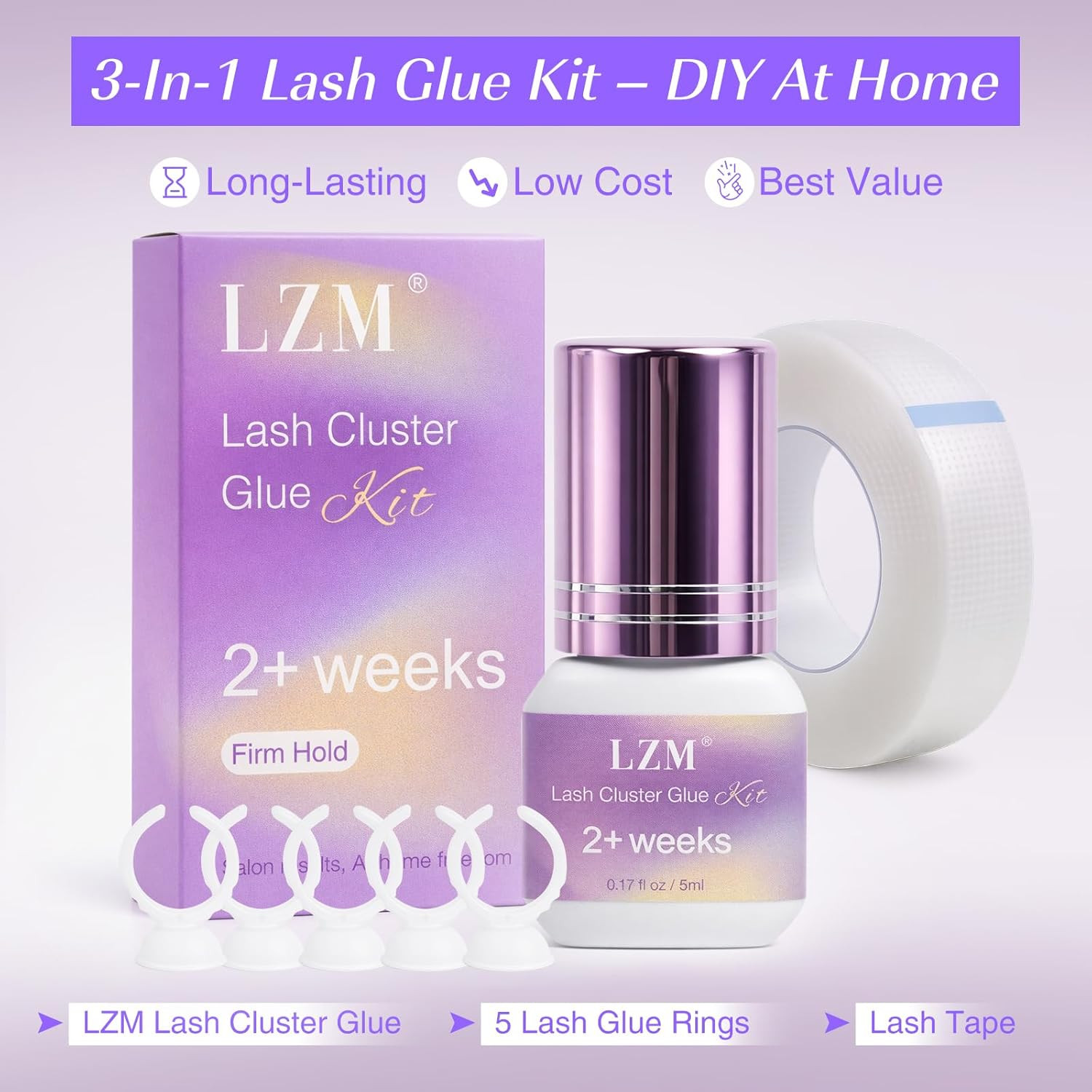 LZM Long Lasting Eyelash Cluster Glue Waterproof Strong Hold 2 Weeks Latex Free