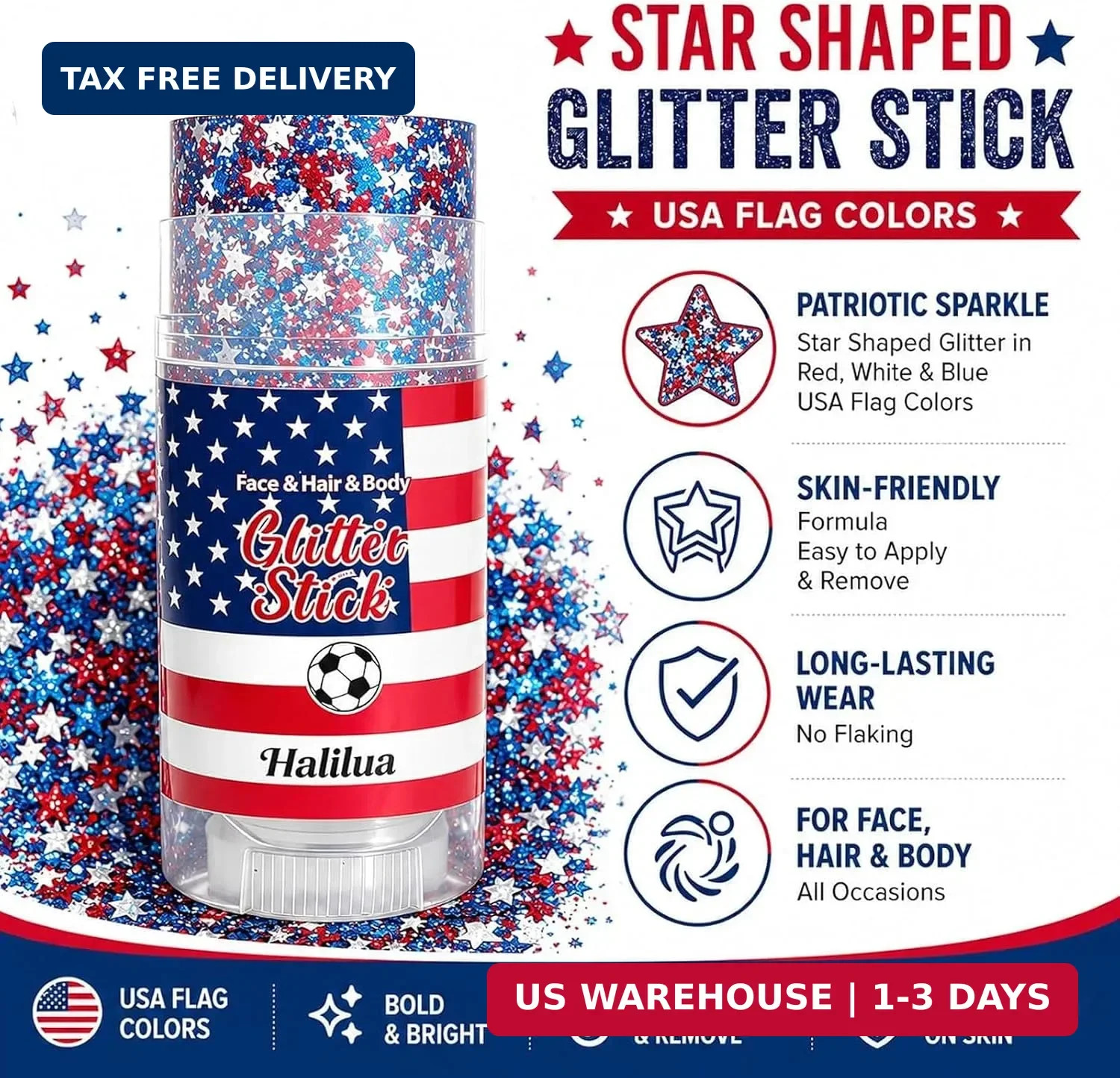 Red White and Blue Glitter Stick, 4th of July Accessories, Star Sequins Face Hai