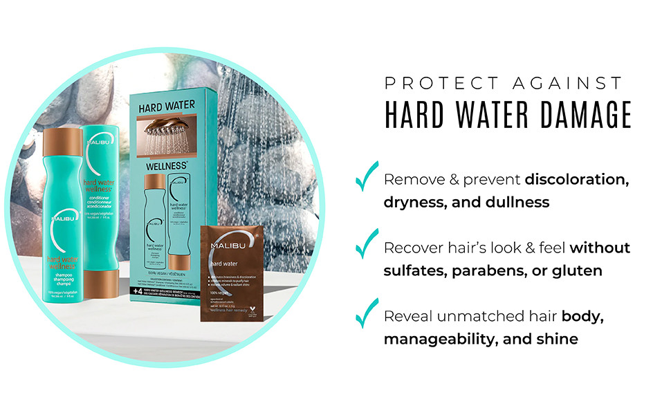 Malibu C Hard Water Wellness Kit Shampoo/Conditioner/4 Hardwater Treatment Packs