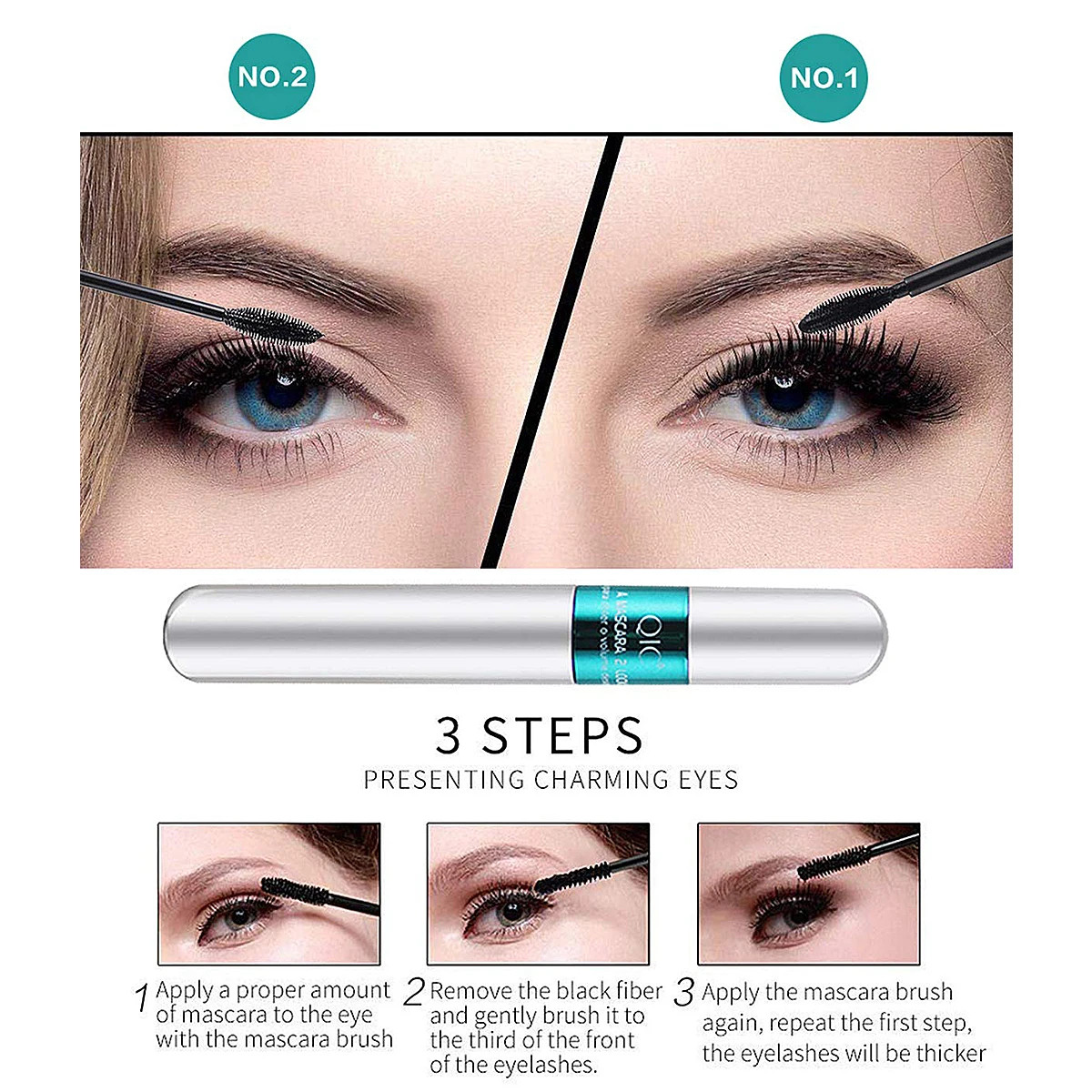 2 In-One Mascara Silk Fiber Waterproof Eyelash Extension Black Thick Lengthening