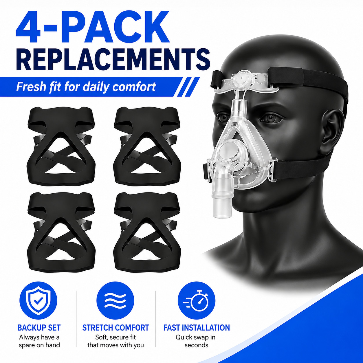 4 Pack CPAP Mask Headgear Replacement Strap Soft Elastic Universal Fit Kit