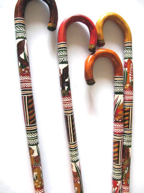 Hand Carved Wooden Cane Walking Stick Mexican Aztec Hand Painted Mexico ONE Cane