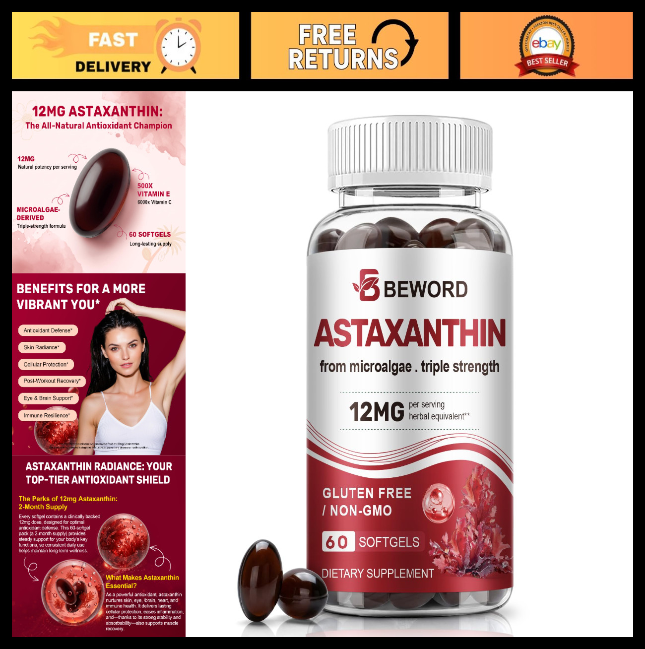 Astaxanthin 12mg with MCT Oil, 60 Softgels – Premium Antioxidant for Skin & Eye