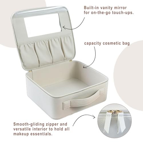 Hard Shell Makeup Brush Bag with Mirror & Dust-Proof Film, Professional Beige