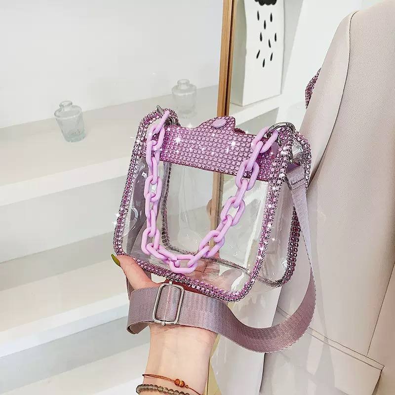 Pink Clear PVC Rhinestone Chain Crossbody Bag Shoulder Purse
