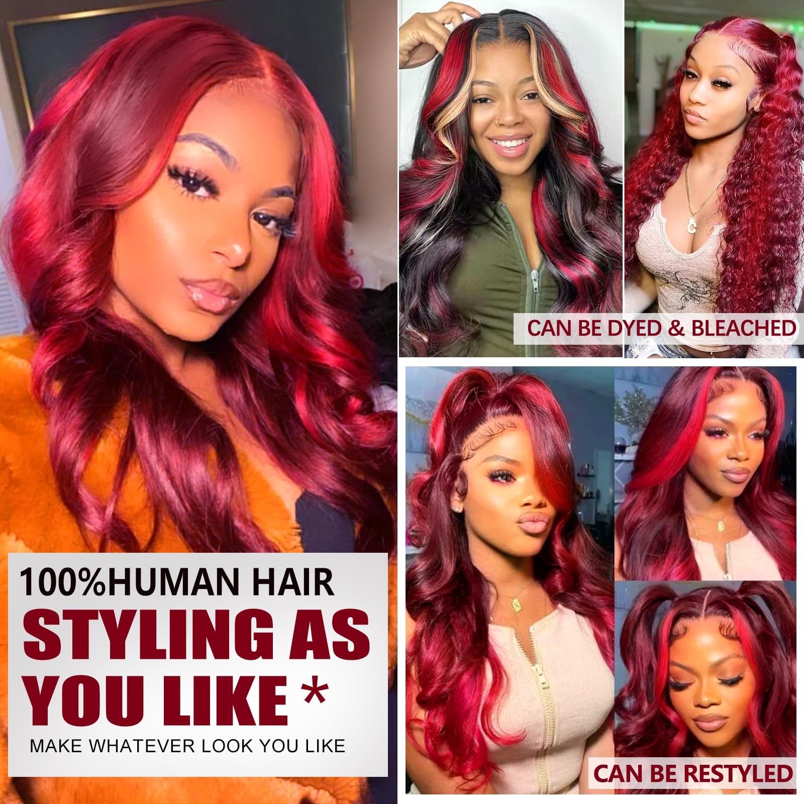 Red Highlight Burgundy Wig Human Hair 13X6 Ombre Burgundy Lace Front Wigs Hum…