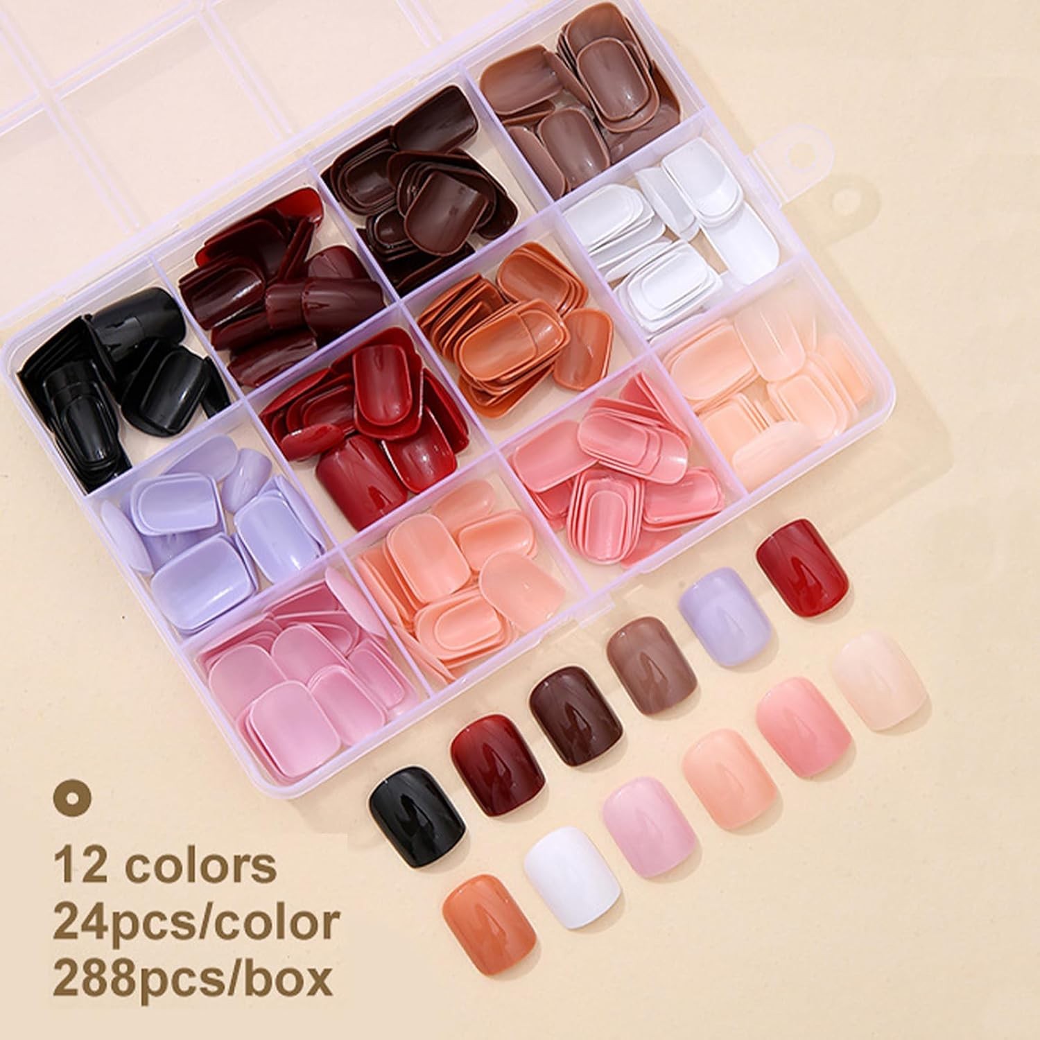 12 Packs 288PCS Short Round Press on Nails Multi-Color Assorted Neutral Reusable