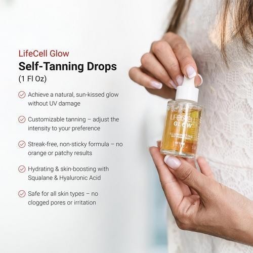 Lifecell Glow Self-Tanning Drops Face Body DHA Sunless Tanner Hydrating,1Fl Oz..