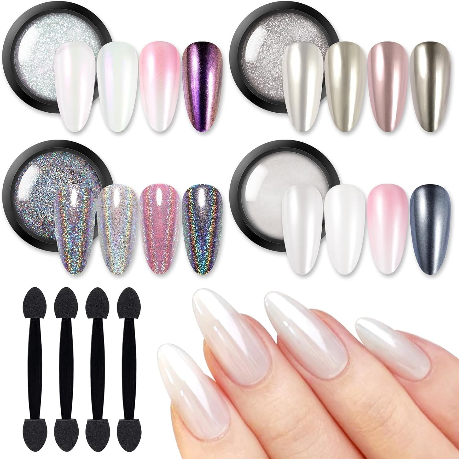 High-Gloss Holographic Nail Powder Set – 4 Colors for Easy Application