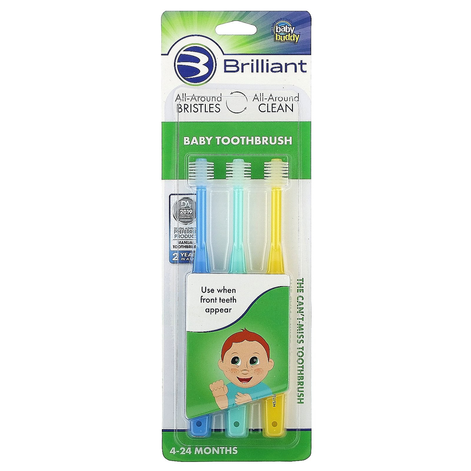Brilliant, Baby Toothbrush, 4-24 Months, Blue, Mint, Yellow, 3 Toothbrushes