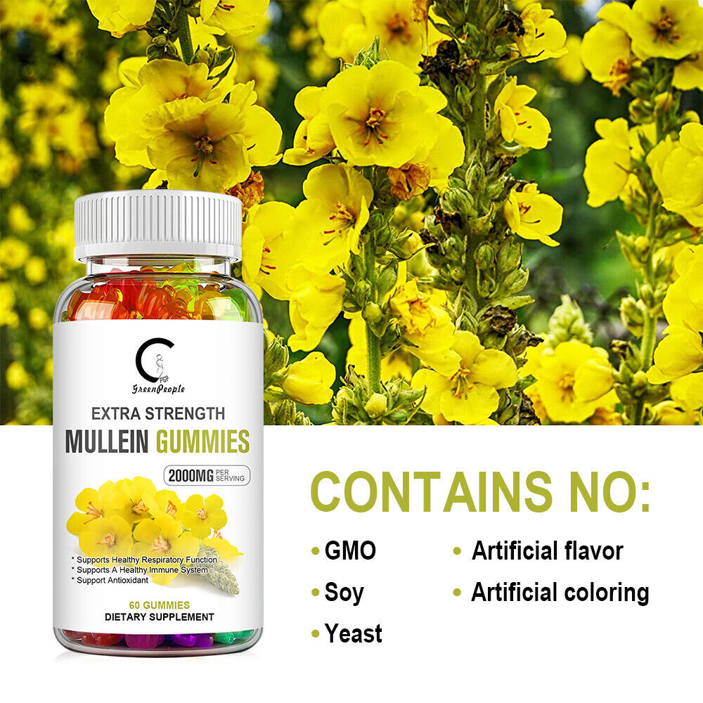 100% Natural Mullein Leaf Gummies Extra Strength Detox Cleanse Lung Health 60pcs