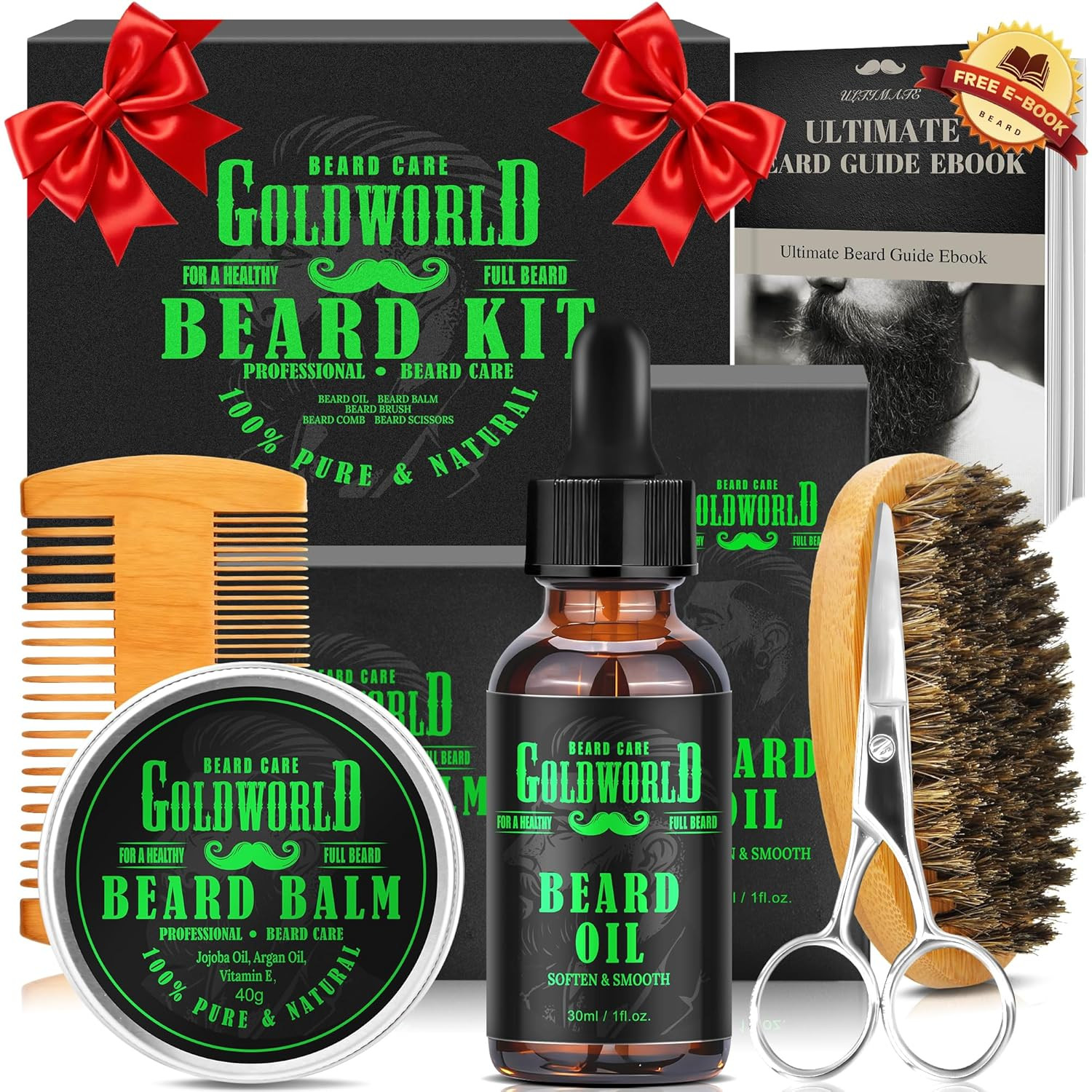 Beard Kit Beard Grooming Kit W/Beard Oil Balm Brush Comb Scissor E-Book Christma
