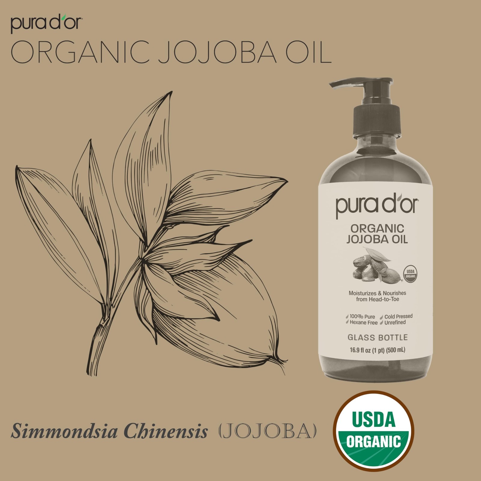 100% Pure Organic Jojoba Oil 16.9 Oz Glass Bottle – USDA Certified Natural Moist