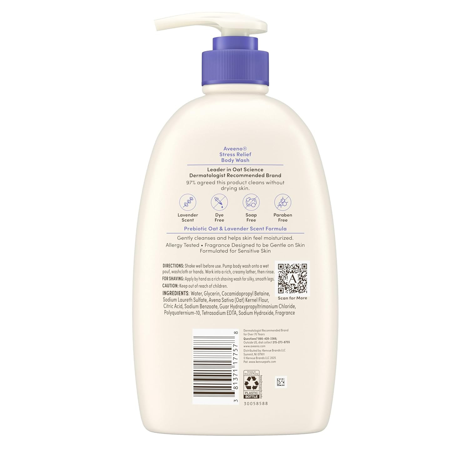 Aveeno Stress Relief Body Wash, Lavender Scent with Nourishing Prebiotic Oat, Se