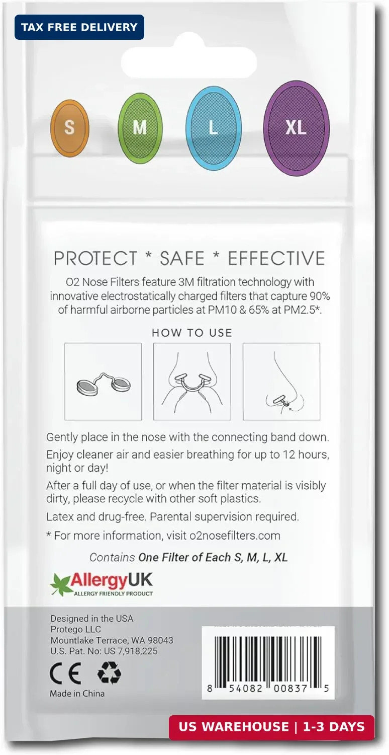 O2 Nose Filters with 3M Filtration – Nasal Screens for Allergies, Dust & Smoke –