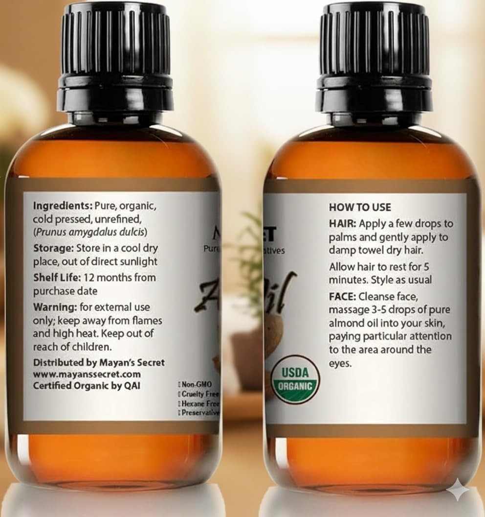 SWEET ALMOND OIL USDA CERTIFIED ORGANIC CARRIER COLD PRESSED UNREFINED 4OZ