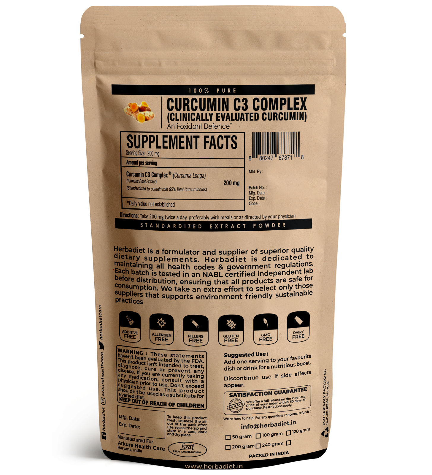 Turmeric Curcumin C3 Complex Powder, 95% Curcuminoids, Pure, Clinically Evaluate