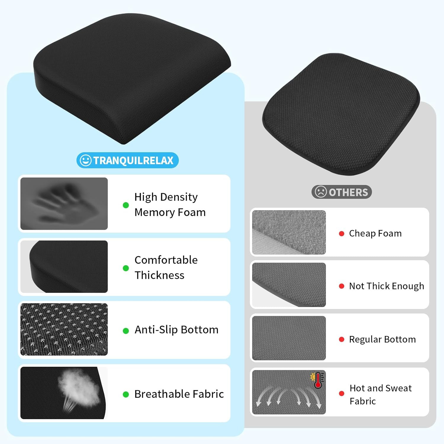 Tranquilrelax Large Seat Cushion, Memory Foam Cushion for Long Sitting Hours on