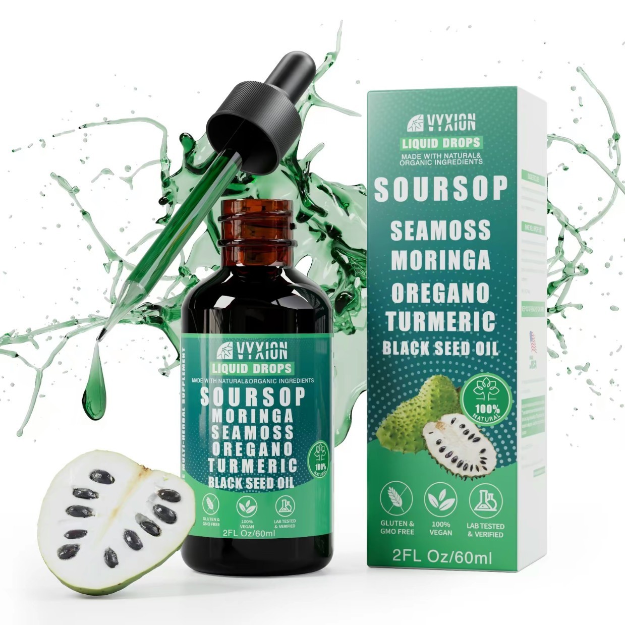 VYXION Pure Soursop 10 in Liquid 1 DropsExtract-Seamoss,Moringa,Black SeedOil