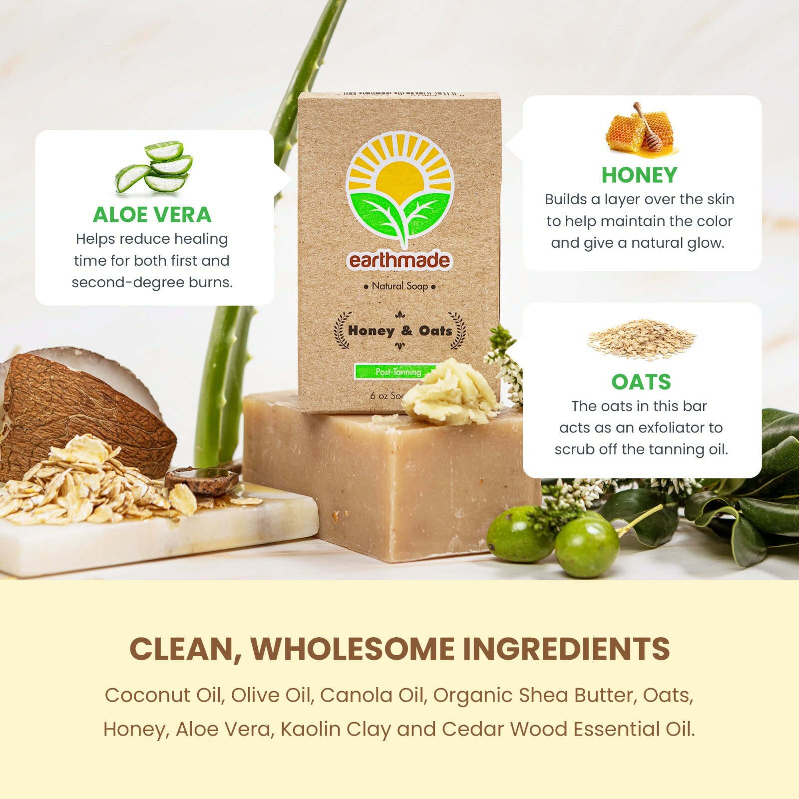 Earthmade Honey and Oats Soap, All-natural Body Soap with Aloe Vera