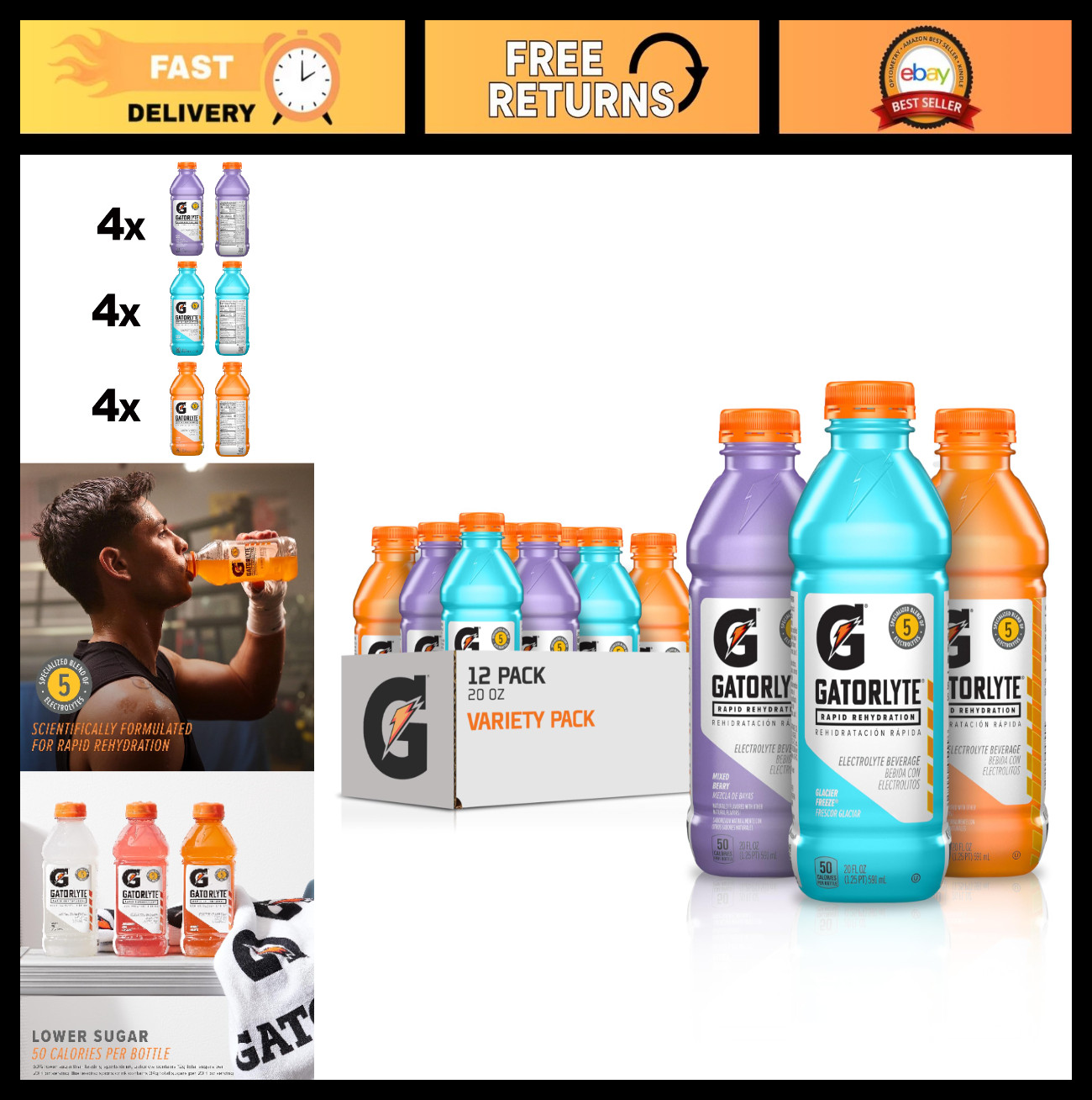Electrolyte Drink Mix Variety Pack – 12 Bottles, 3 Flavors, Low Sugar, No Artifi