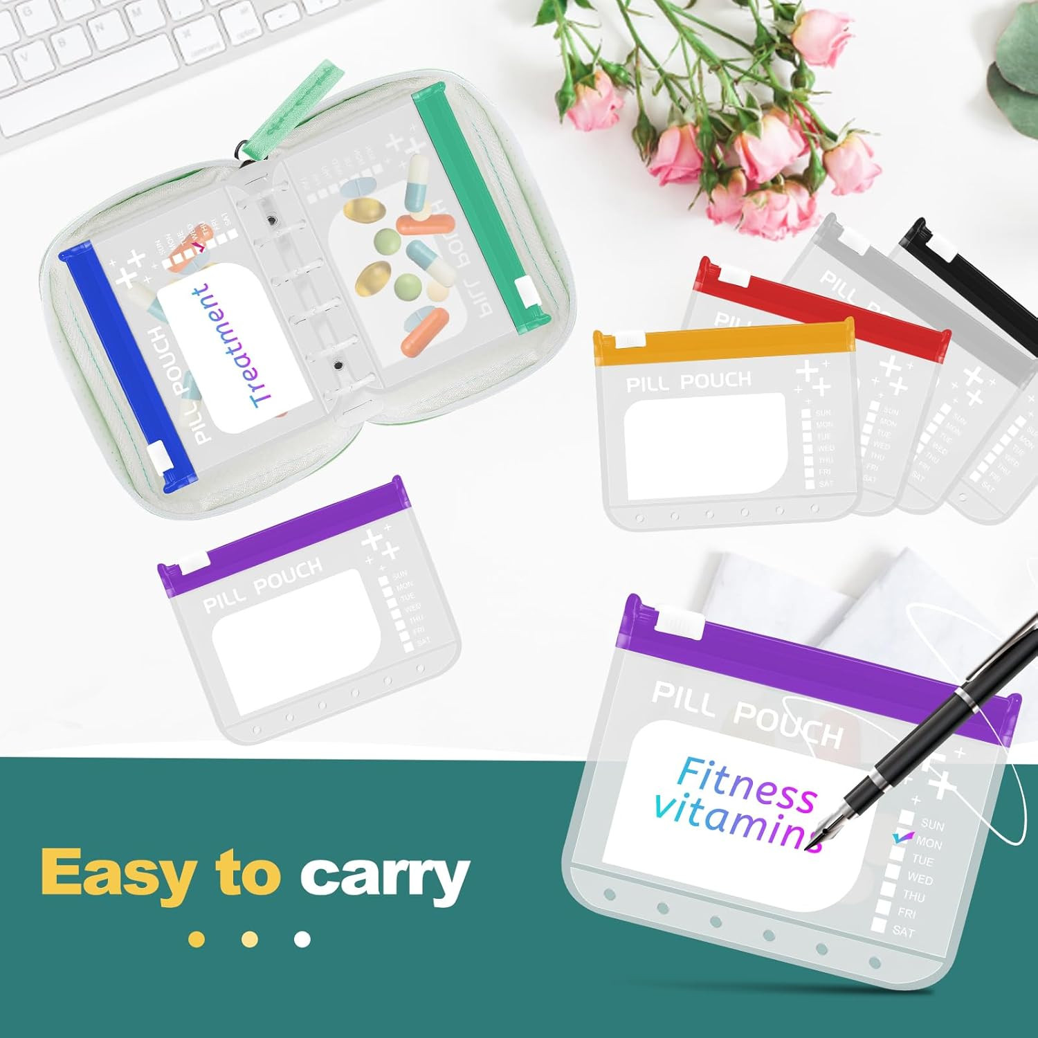 A7 Waterproof Pill Organizer with 7 PCS L Size Zippered Pill Pouches for A7 Bind