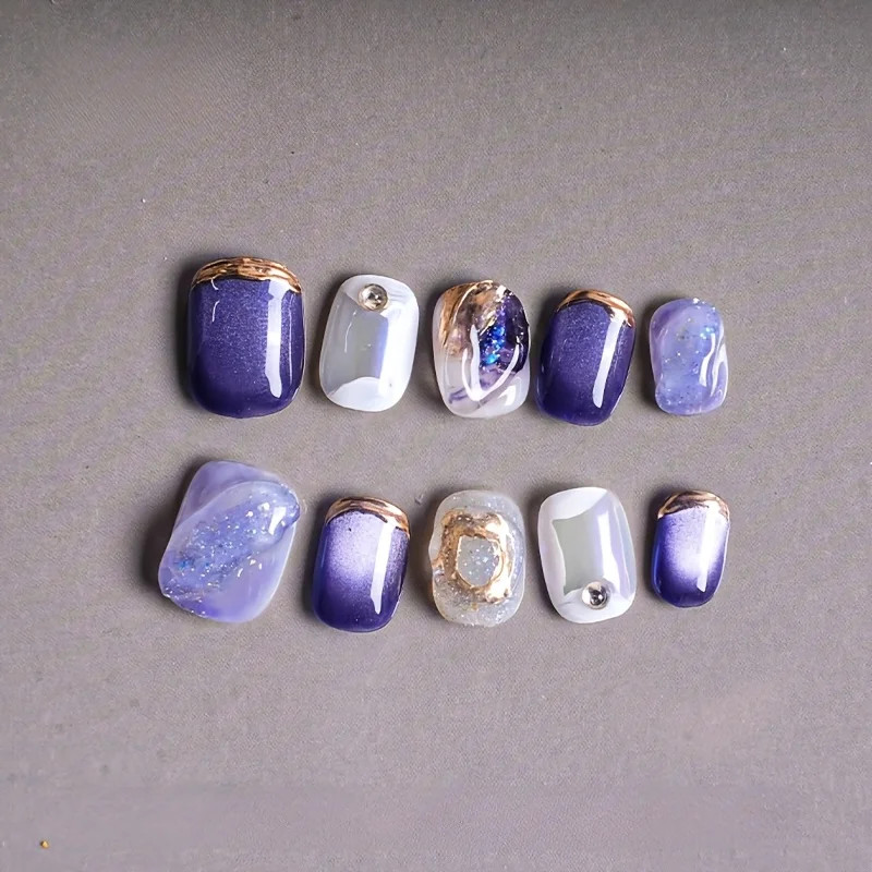 10PCS Blue Ombre Press On Nails Short Ballet Glossy False Nail Tips